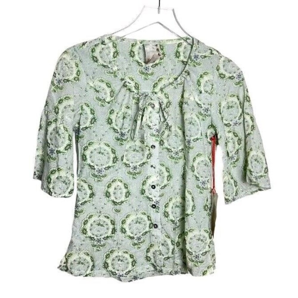 DA-NANG Top Womens XS Green Button Blouse 3/4 Sleeve Tie Neck Floral Lace Trim